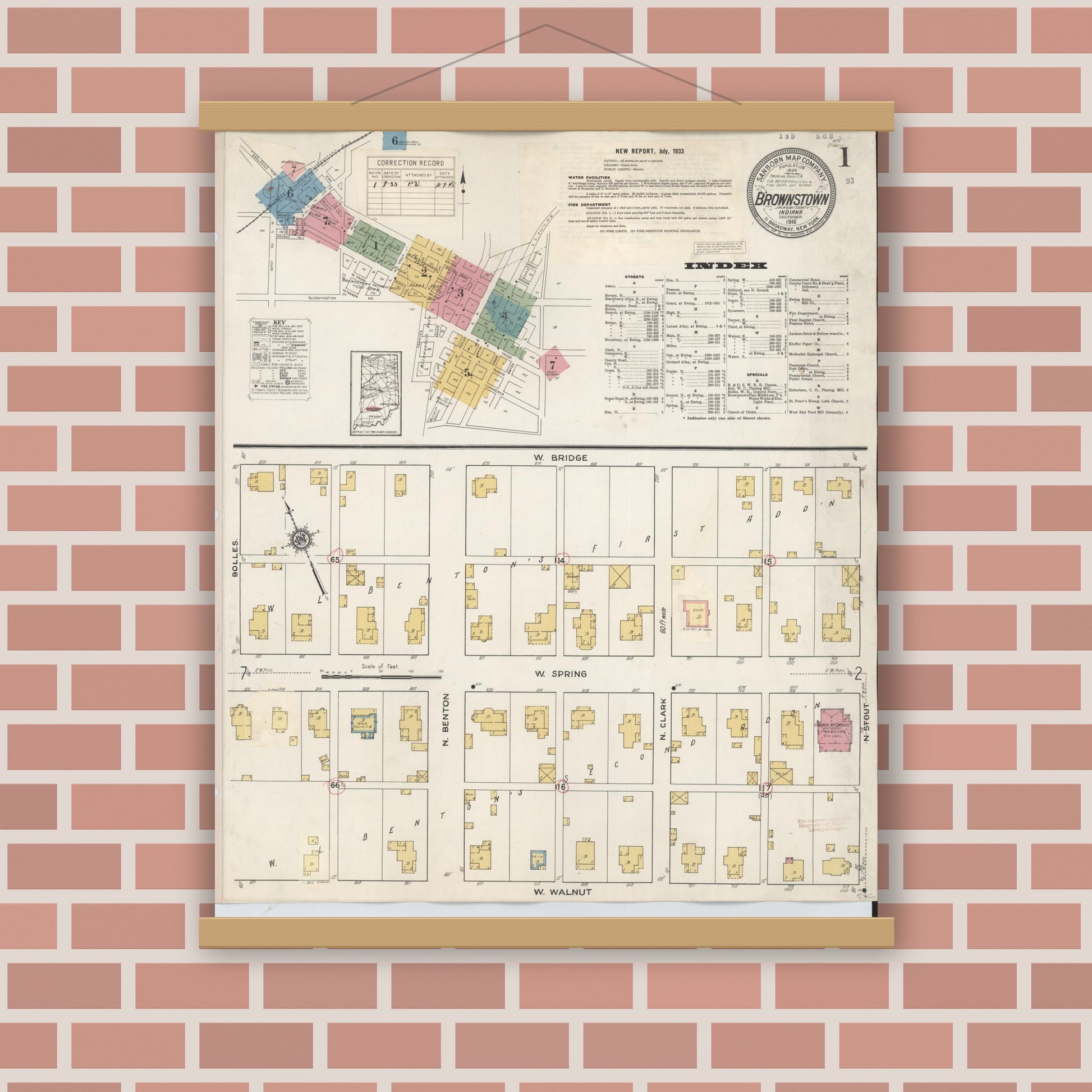 Old map wall art mockup — magnetic wood frame on brick wall — Sanborn Fire Insurance Map from Brownstown, Jackson County, Indiana (1933) - Complete Map Set