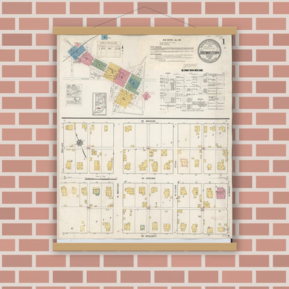 Old map wall art mockup — magnetic wood frame on brick wall — Sanborn Fire Insurance Map from Brownstown, Jackson County, Indiana (1933) - Complete Map Set