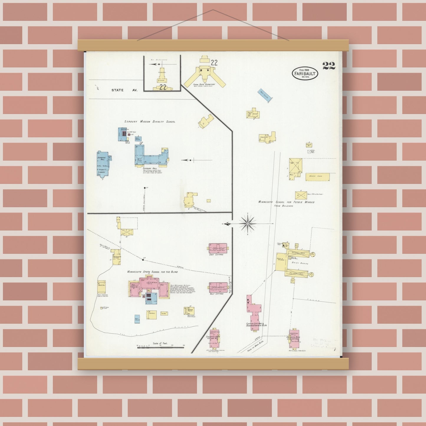 Old map wall art mockup — magnetic wood frame on brick wall — Sanborn Fire Insurance Map from Faribault, Rice County, Minnesota (1909), Sheet #0022