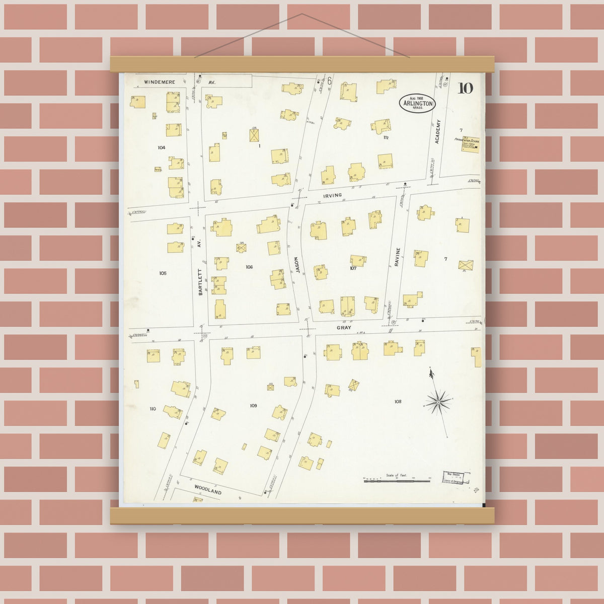 Old map wall art mockup — magnetic wood frame on brick wall — Sanborn Fire Insurance Map from Arlington, Middlesex County, Massachusetts (1908), Sheet #0010