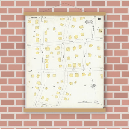 Old map wall art mockup — magnetic wood frame on brick wall — Sanborn Fire Insurance Map from Arlington, Middlesex County, Massachusetts (1908), Sheet #0010