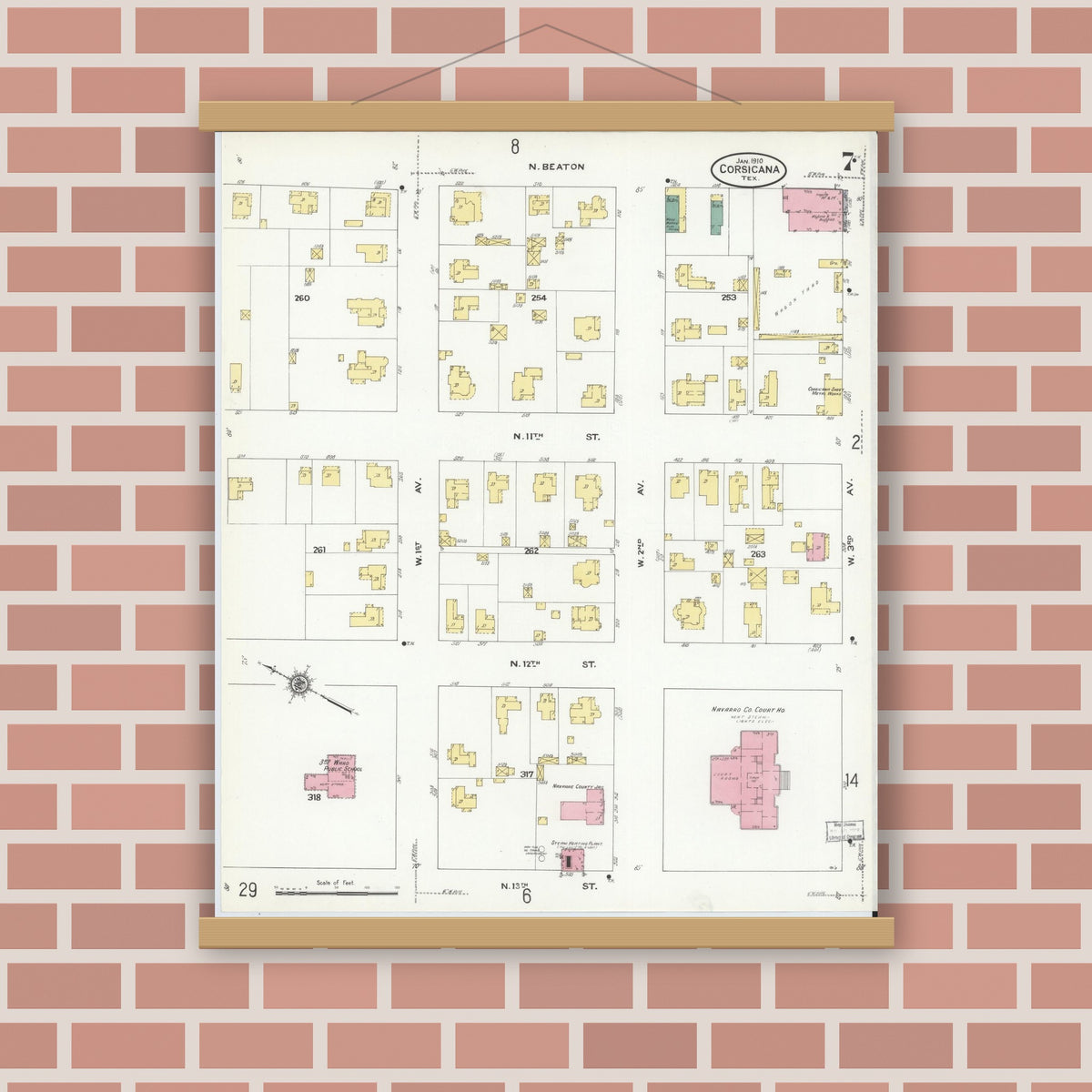 Old map wall art mockup — magnetic wood frame on brick wall — Sanborn Fire Insurance Map from Corsicana, Navarro County, Texas (1910), Sheet #0007
