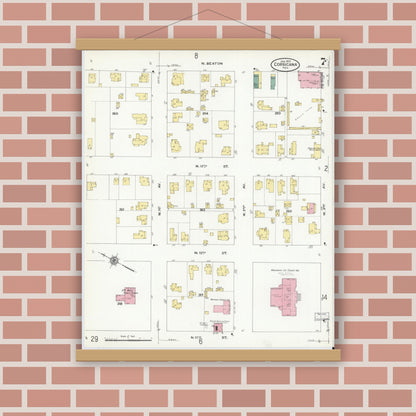 Old map wall art mockup — magnetic wood frame on brick wall — Sanborn Fire Insurance Map from Corsicana, Navarro County, Texas (1910), Sheet #0007