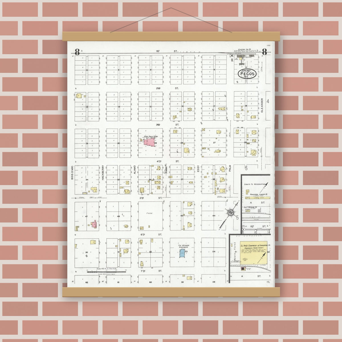 Old map wall art mockup — magnetic wood frame on brick wall — Sanborn Fire Insurance Map from Pecos, Reeves County, Texas (1927), Sheet #0008