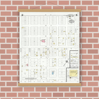Old map wall art mockup — magnetic wood frame on brick wall — Sanborn Fire Insurance Map from Pecos, Reeves County, Texas (1927), Sheet #0008