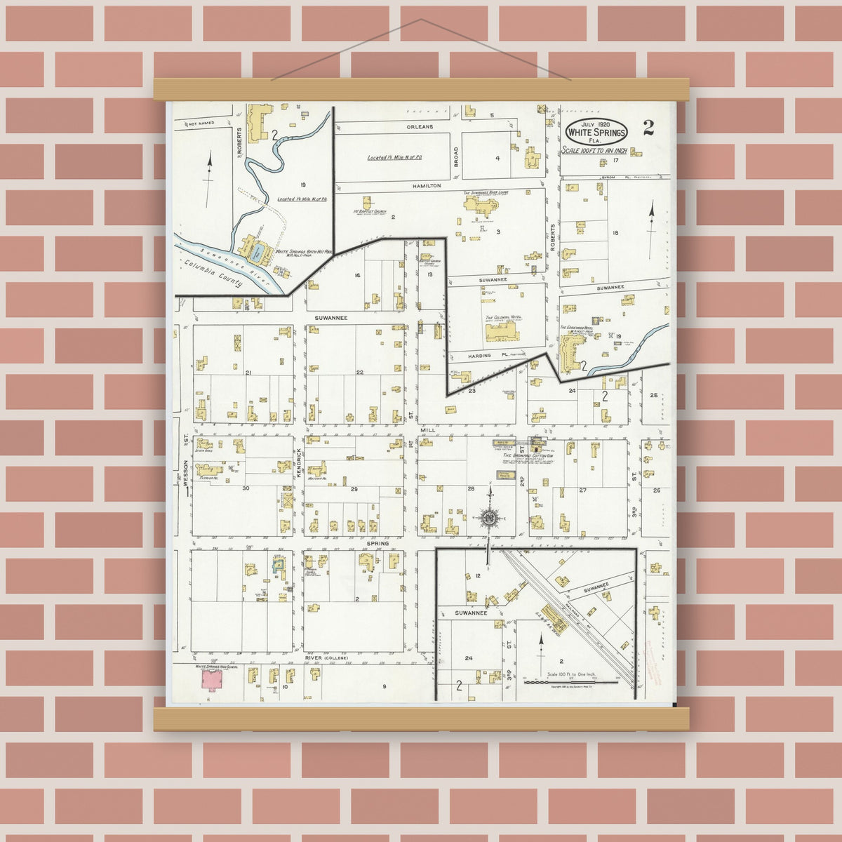 Old map wall art mockup — magnetic wood frame on brick wall — Sanborn Fire Insurance Map from White Springs, Hamilton County, Florida (1920), Sheet #0002