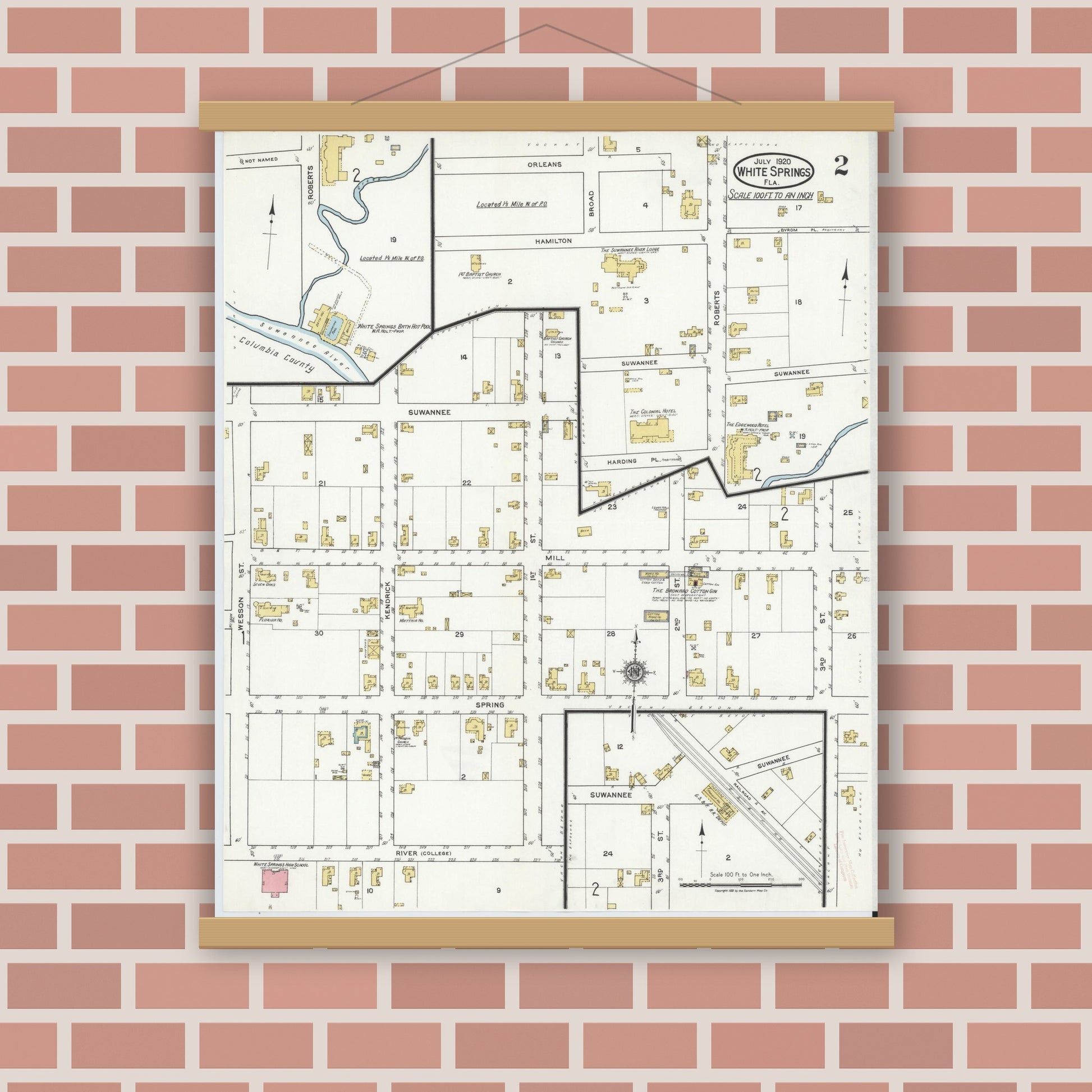 Old map wall art mockup — magnetic wood frame on brick wall — Sanborn Fire Insurance Map from White Springs, Hamilton County, Florida (1920), Sheet #0002