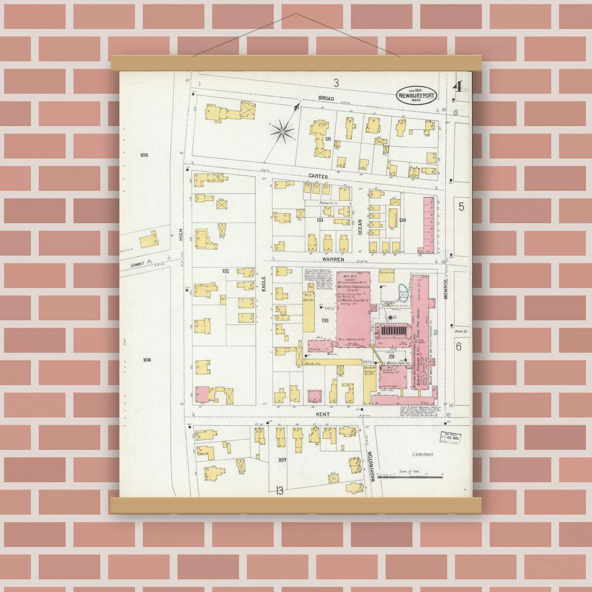 Old map wall art mockup — magnetic wood frame on brick wall — Sanborn Fire Insurance Map from Newburyport, Essex County, Massachusetts (1900), Sheet #0004