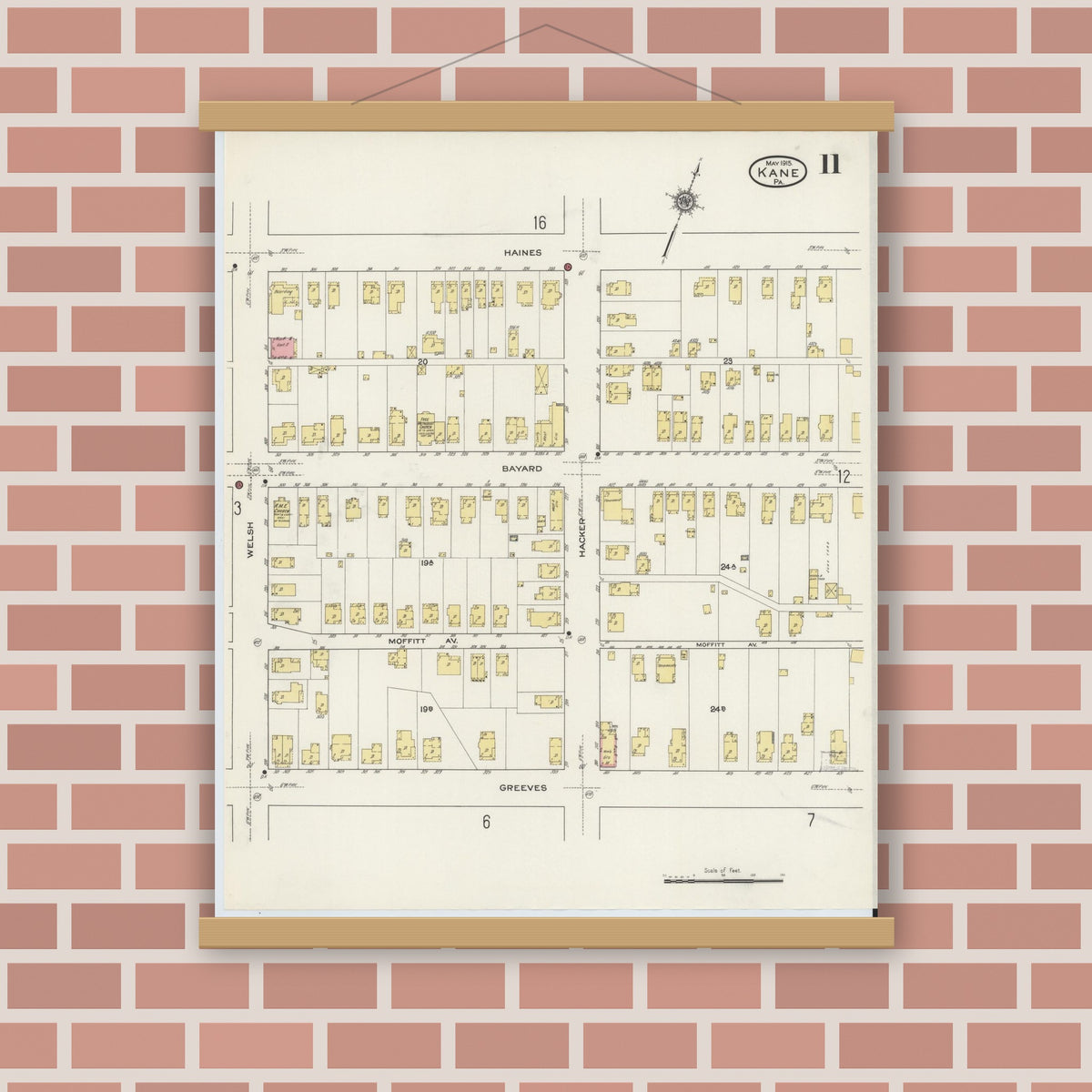 Old map wall art mockup — magnetic wood frame on brick wall — Sanborn Fire Insurance Map from Kane, McKean County, Pennsylvania (1915), Sheet #0011