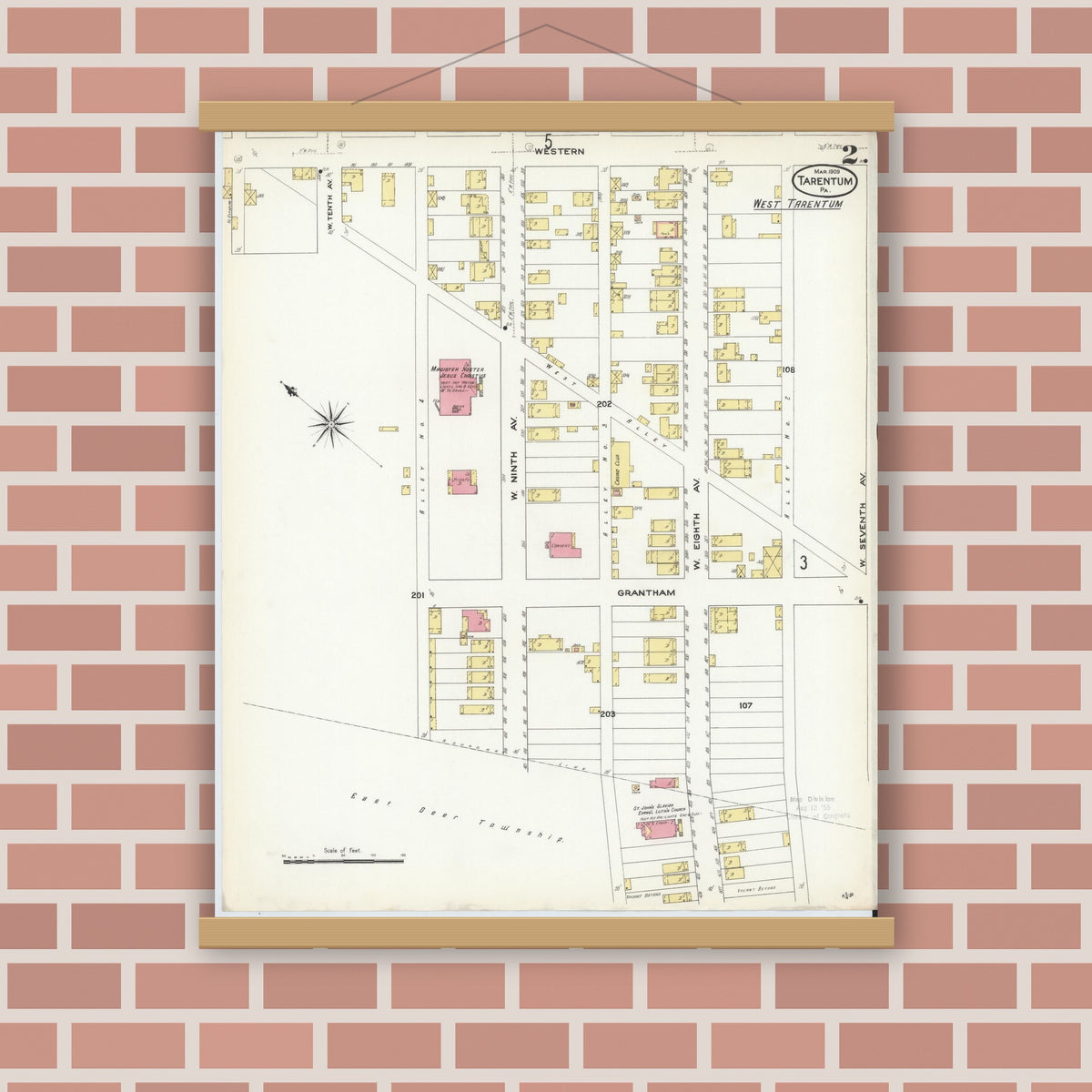 Old map wall art mockup — magnetic wood frame on brick wall — Sanborn Fire Insurance Map from Tarentum, Allegheny County, Pennsylvania (1909), Sheet #0002