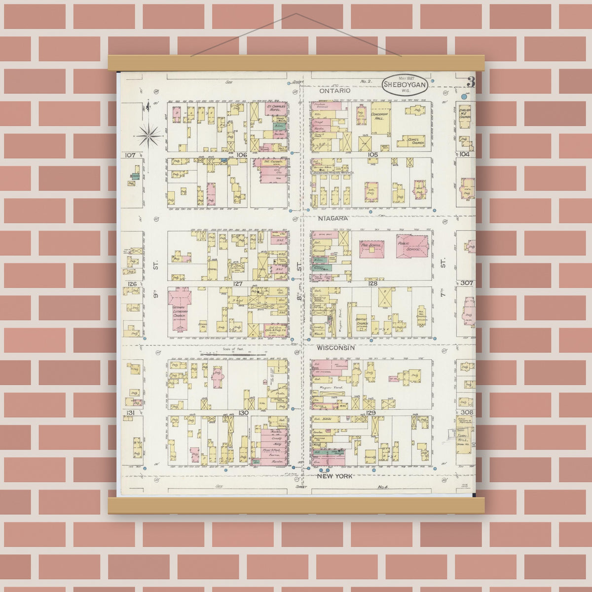 Old map wall art mockup — magnetic wood frame on brick wall — Sanborn Fire Insurance Map from Sheboygan, Sheboygan County, Wisconsin (1887), Sheet #0003