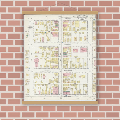 Old map wall art mockup — magnetic wood frame on brick wall — Sanborn Fire Insurance Map from Sheboygan, Sheboygan County, Wisconsin (1887), Sheet #0003
