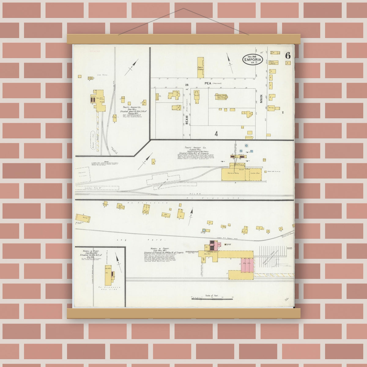 Old map wall art mockup — magnetic wood frame on brick wall — Sanborn Fire Insurance Map from Emporia, Independent Cities, Virginia (1904), Sheet #0006