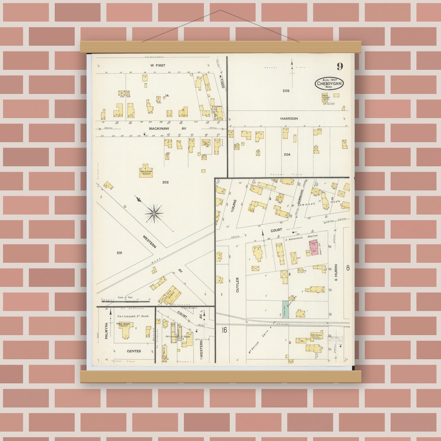 Old map wall art mockup — magnetic wood frame on brick wall — Sanborn Fire Insurance Map from Cheboygan, Cheboygan County, Michigan (1907), Sheet #0009