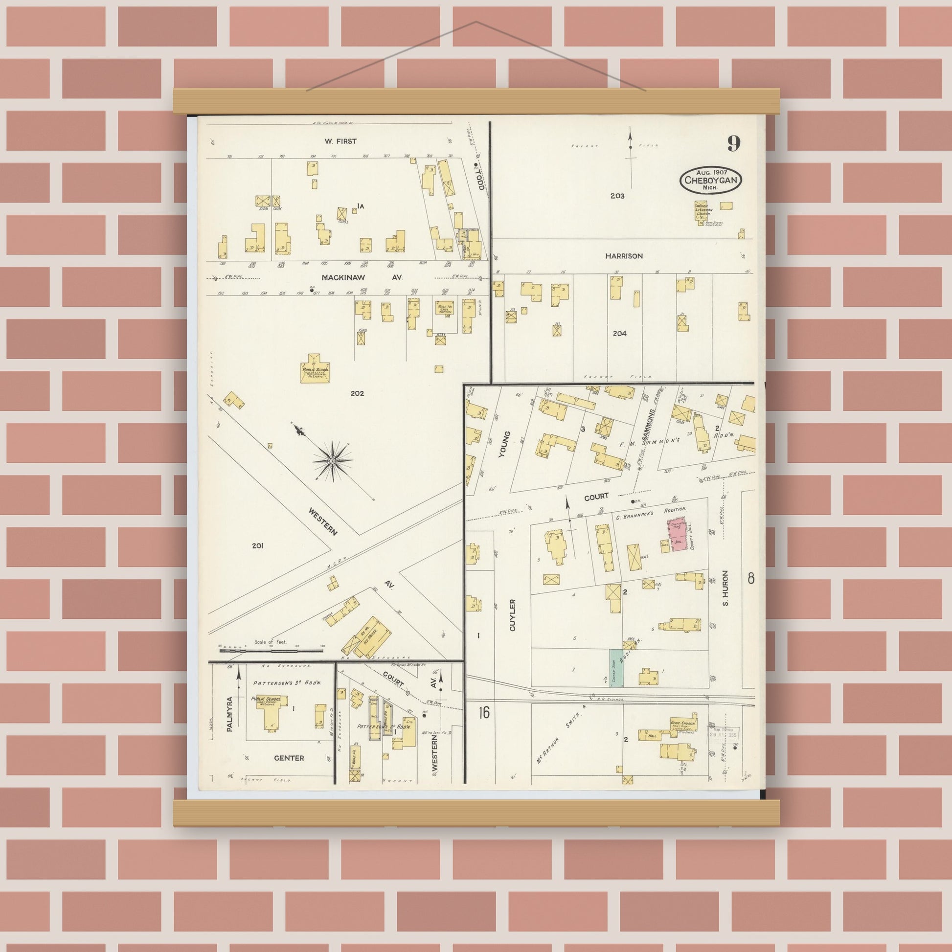 Old map wall art mockup — magnetic wood frame on brick wall — Sanborn Fire Insurance Map from Cheboygan, Cheboygan County, Michigan (1907), Sheet #0009