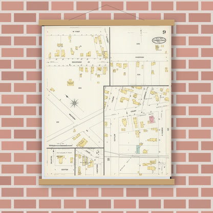 Old map wall art mockup — magnetic wood frame on brick wall — Sanborn Fire Insurance Map from Cheboygan, Cheboygan County, Michigan (1907), Sheet #0009