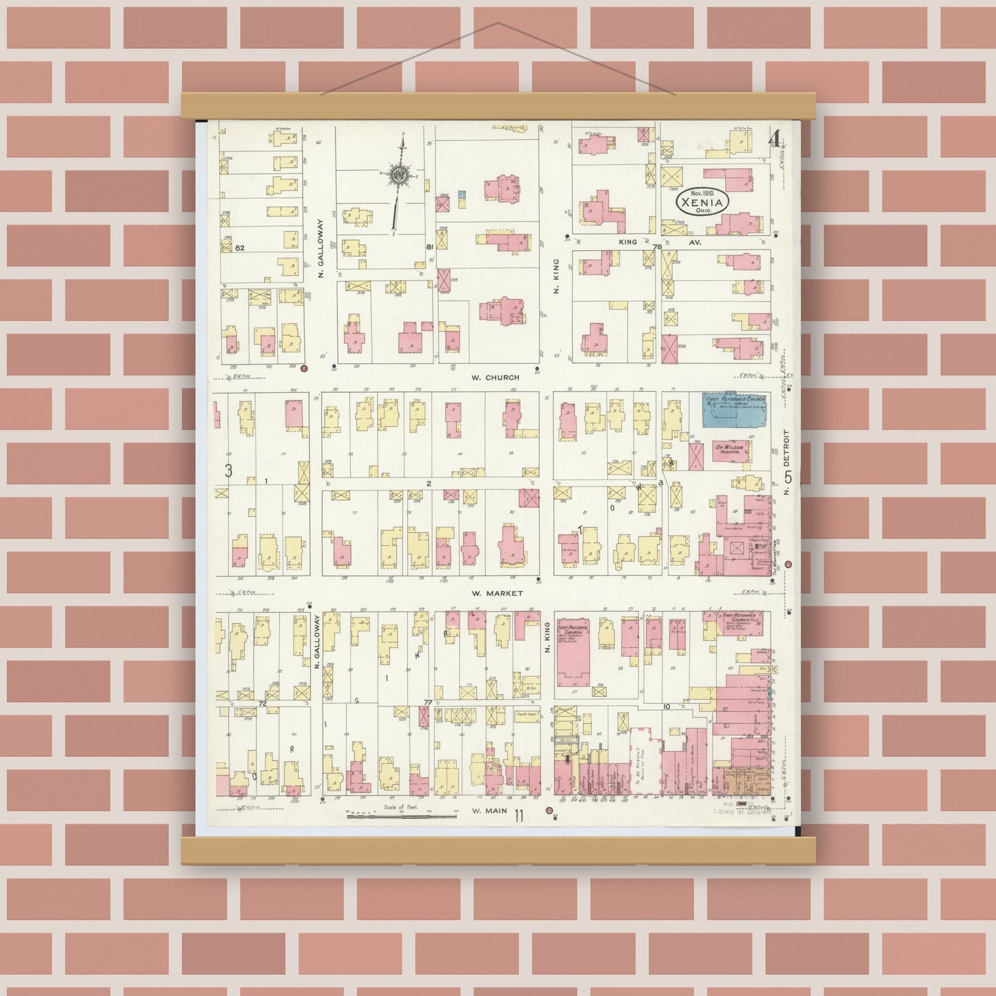 Old map wall art mockup — magnetic wood frame on brick wall — Sanborn Fire Insurance Map from Xenia, Greene County, Ohio (1910), Sheet #0004