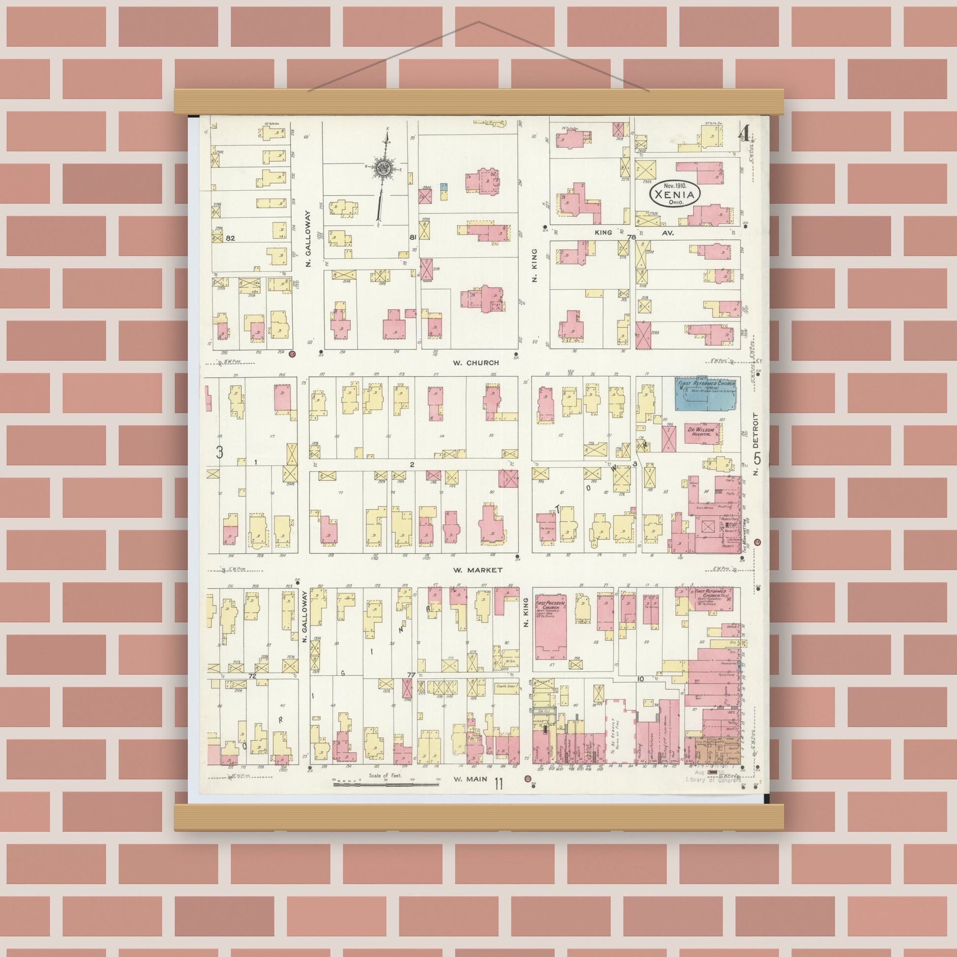 Old map wall art mockup — magnetic wood frame on brick wall — Sanborn Fire Insurance Map from Xenia, Greene County, Ohio (1910), Sheet #0004