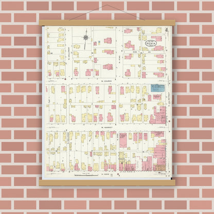 Old map wall art mockup — magnetic wood frame on brick wall — Sanborn Fire Insurance Map from Xenia, Greene County, Ohio (1910), Sheet #0004