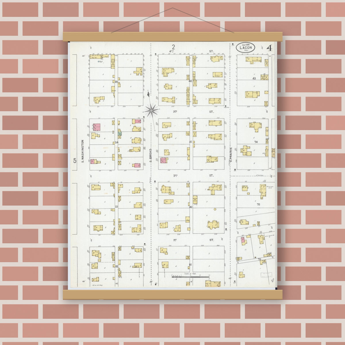 Old map wall art mockup — magnetic wood frame on brick wall — Sanborn Fire Insurance Map from Lacon, Marshall County, Illinois (1899), Sheet #0004