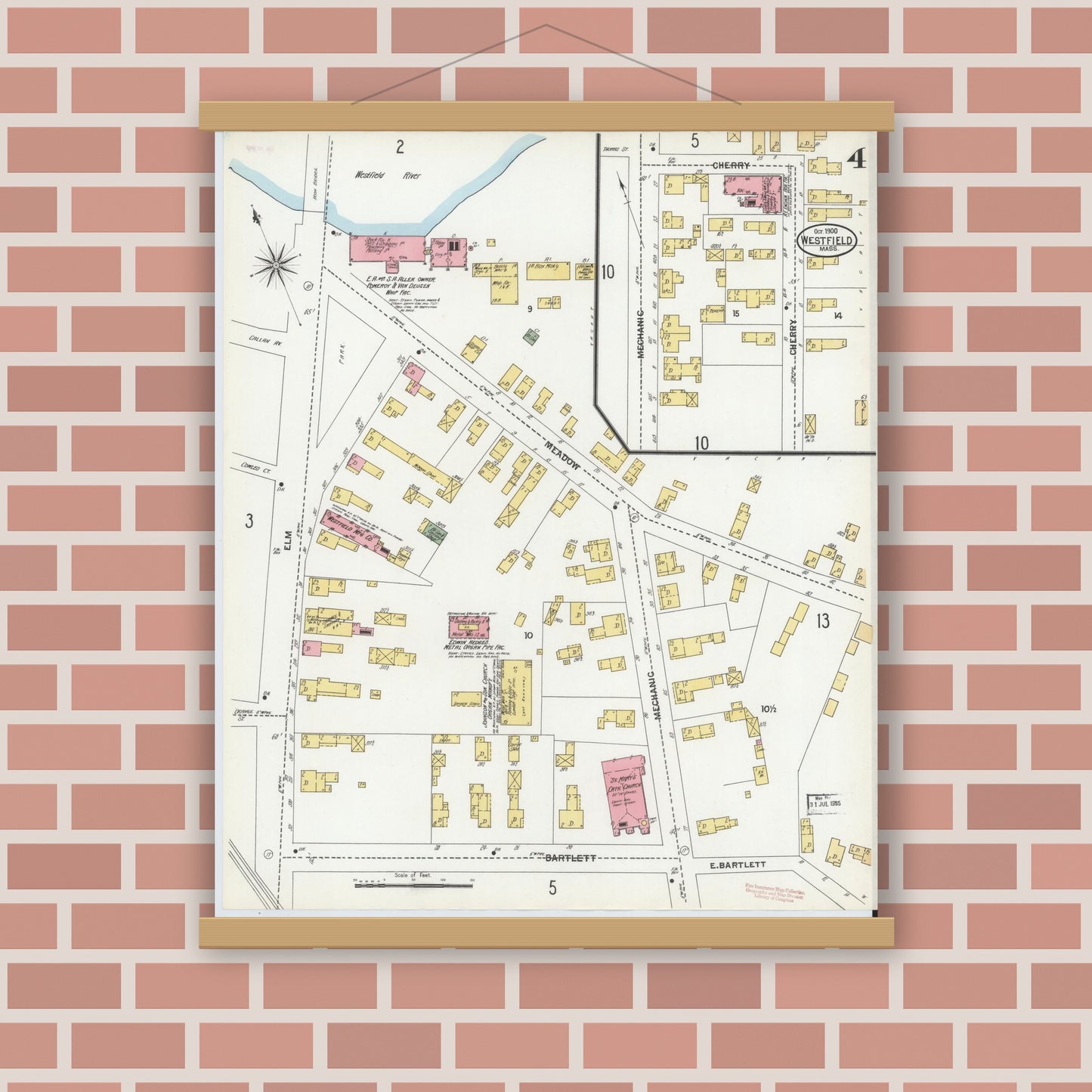 Old map wall art mockup — magnetic wood frame on brick wall — Sanborn Fire Insurance Map from Westfield, Hampden County, Massachusetts (1900), Sheet #0004