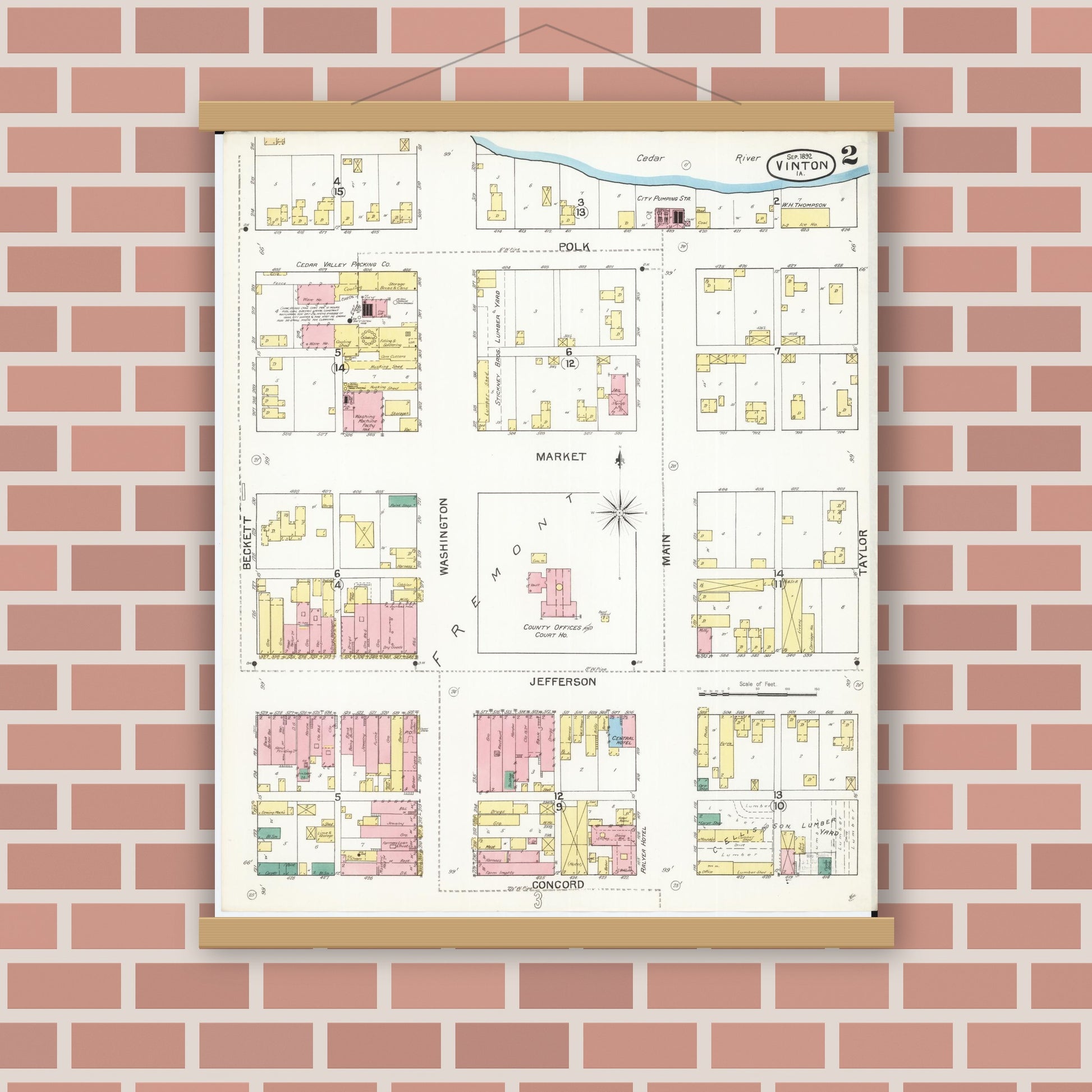 Old map wall art mockup — magnetic wood frame on brick wall — Sanborn Fire Insurance Map from Vinton, Benton County, Iowa (1892), Sheet #0002