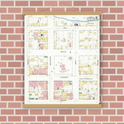 Old map wall art mockup — magnetic wood frame on brick wall — Sanborn Fire Insurance Map from Vinton, Benton County, Iowa (1892), Sheet #0002