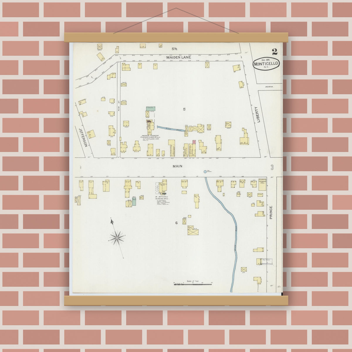 Old map wall art mockup — magnetic wood frame on brick wall — Sanborn Fire Insurance Map from Monticello, Sullivan County, New York (1892), Sheet #0002