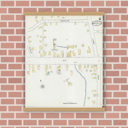 Old map wall art mockup — magnetic wood frame on brick wall — Sanborn Fire Insurance Map from Monticello, Sullivan County, New York (1892), Sheet #0002