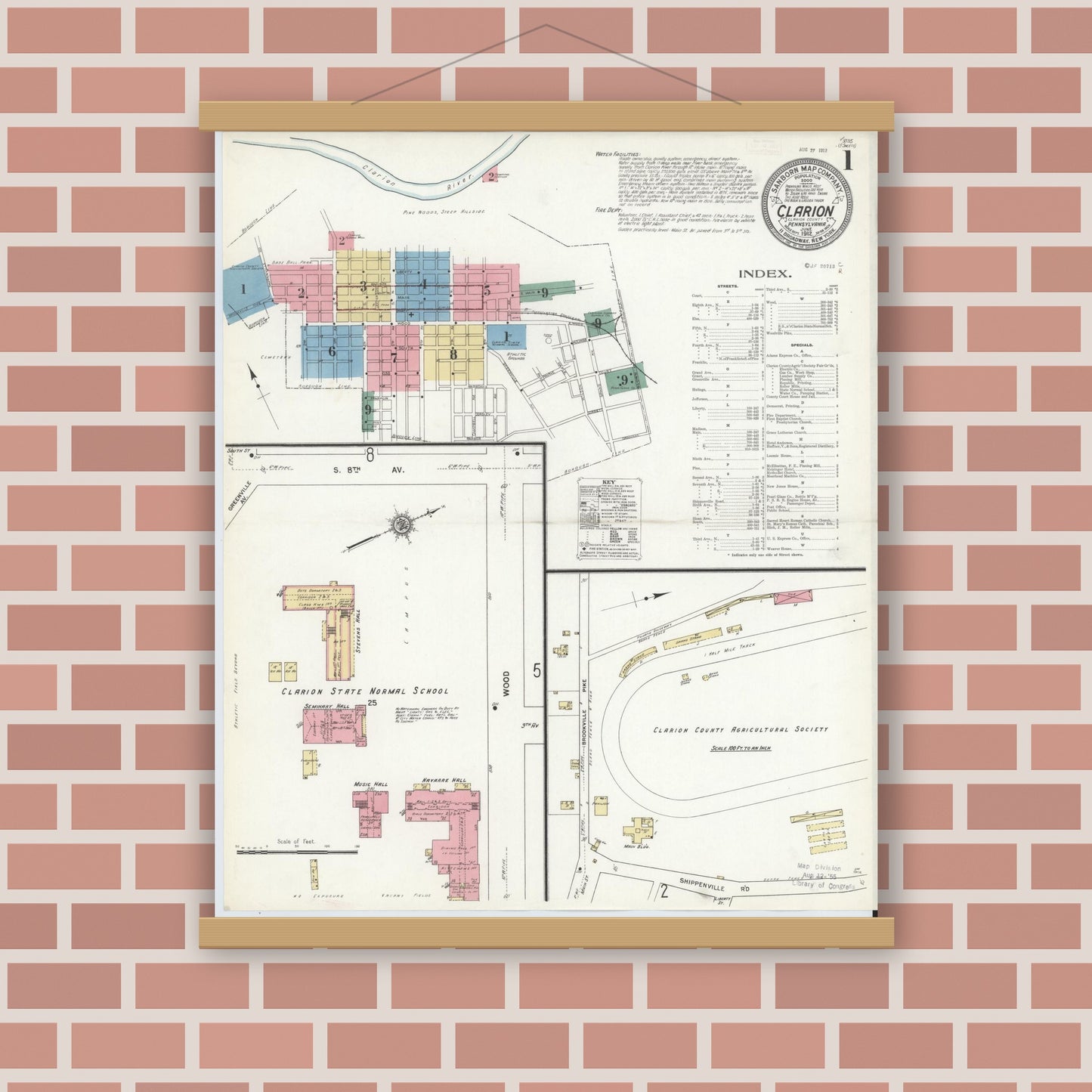 Old map wall art mockup — magnetic wood frame on brick wall — Sanborn Fire Insurance Map from Clarion, Clarion County, Pennsylvania (1912) - Complete Map Set