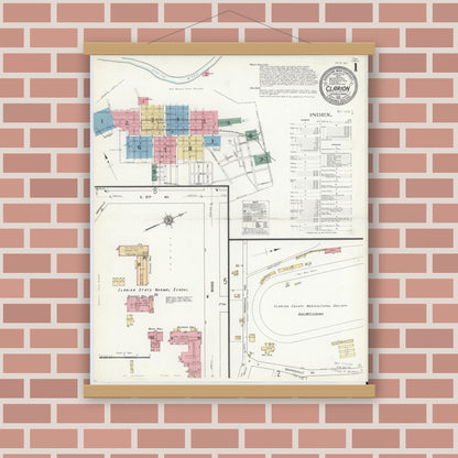Old map wall art mockup — magnetic wood frame on brick wall — Sanborn Fire Insurance Map from Clarion, Clarion County, Pennsylvania (1912) - Complete Map Set