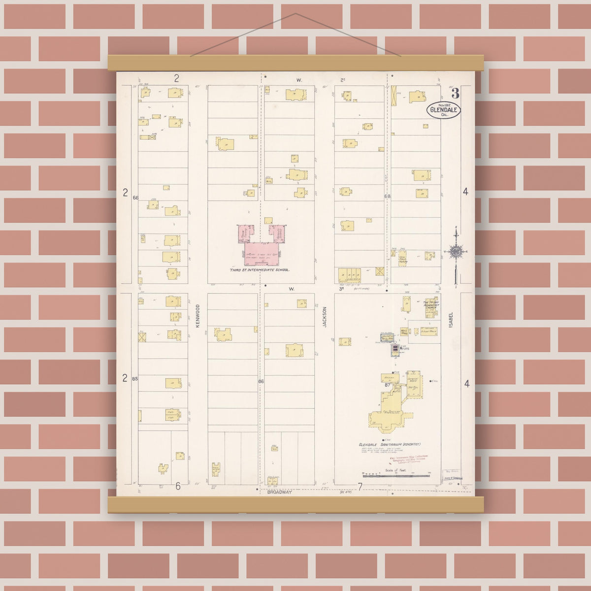 Old map wall art mockup — magnetic wood frame on brick wall — Sanborn Fire Insurance Map from Glendale, Los Angeles County, California (1912), Sheet #0003