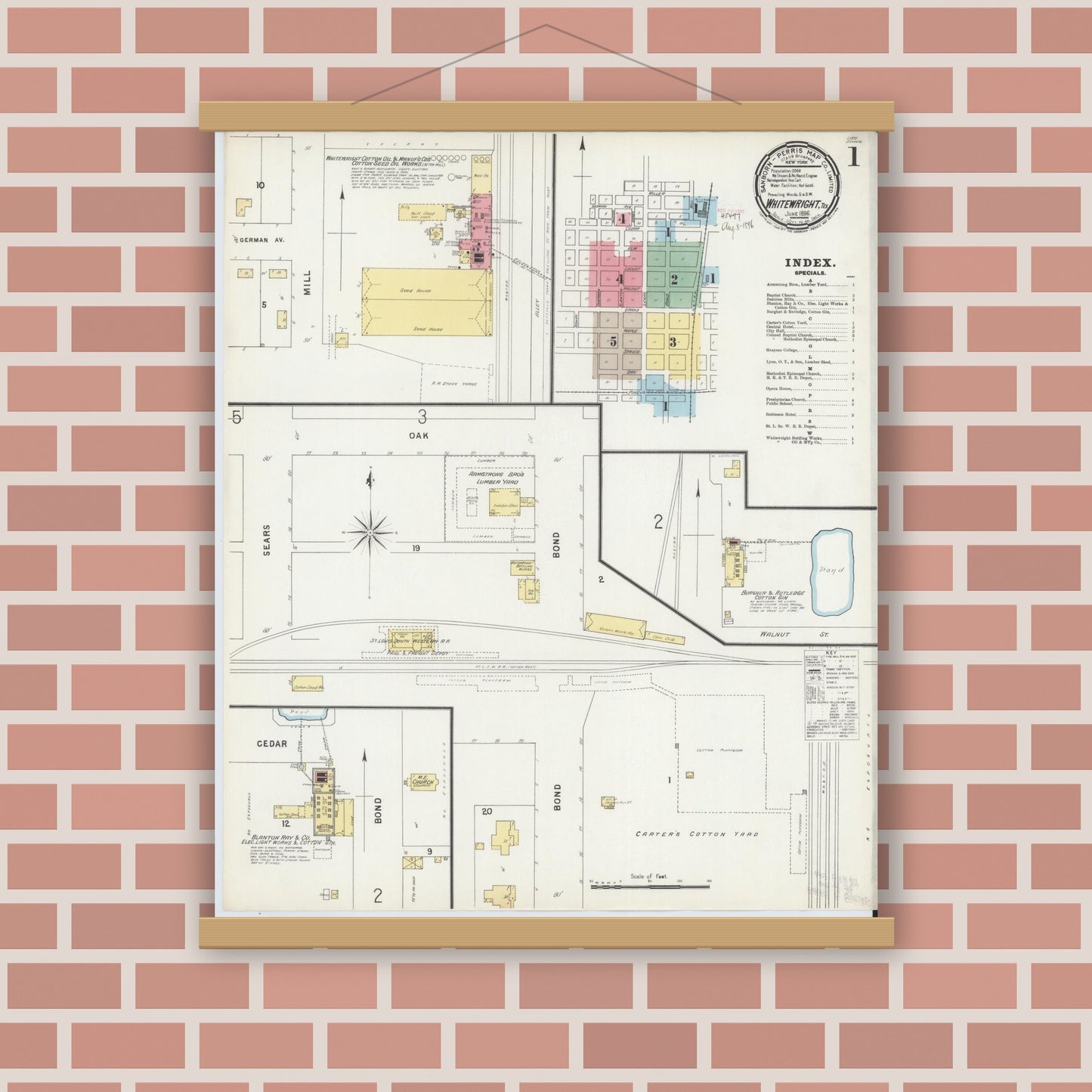 Old map wall art mockup — magnetic wood frame on brick wall — Sanborn Fire Insurance Map from Whitewright, Grayson County, Texas (1896), Sheet #0001