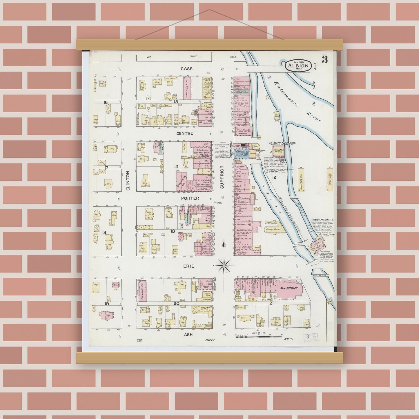 Old map wall art mockup — magnetic wood frame on brick wall — Sanborn Fire Insurance Map from Albion, Calhoun County, Michigan (1888), Sheet #0003
