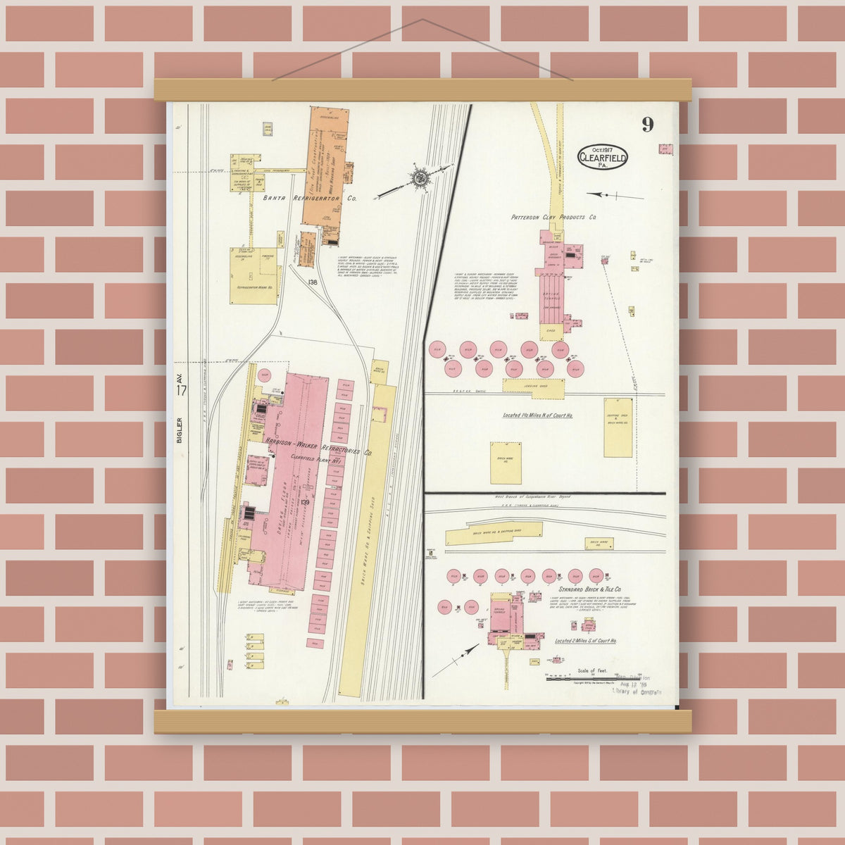 Old map wall art mockup — magnetic wood frame on brick wall — Sanborn Fire Insurance Map from Clearfield, Clearfield County, Pennsylvania (1917), Sheet #0009