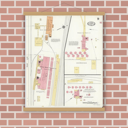 Old map wall art mockup — magnetic wood frame on brick wall — Sanborn Fire Insurance Map from Clearfield, Clearfield County, Pennsylvania (1917), Sheet #0009