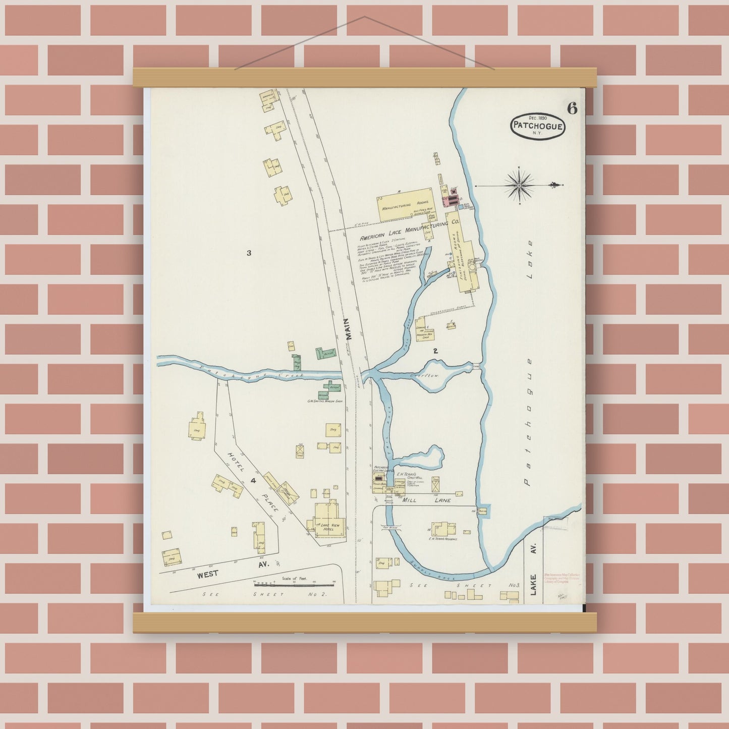 Old map wall art mockup — magnetic wood frame on brick wall — Sanborn Fire Insurance Map from Patchogue, Suffolk County, New York (1891), Sheet #0006