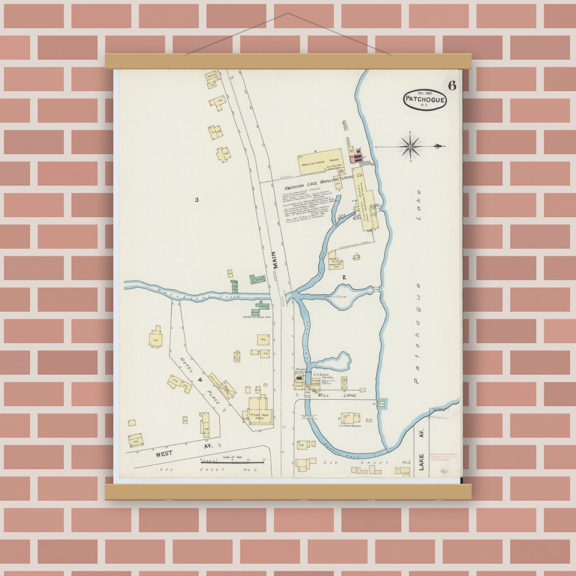 Old map wall art mockup — magnetic wood frame on brick wall — Sanborn Fire Insurance Map from Patchogue, Suffolk County, New York (1891), Sheet #0006