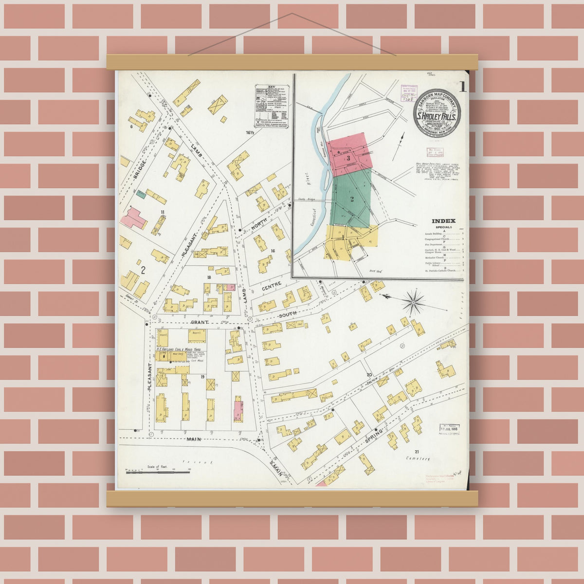 Old map wall art mockup — magnetic wood frame on brick wall — Sanborn Fire Insurance Map from South Hadley Falls, Hampshire County, Massachusetts (1905) - Complete Map Set