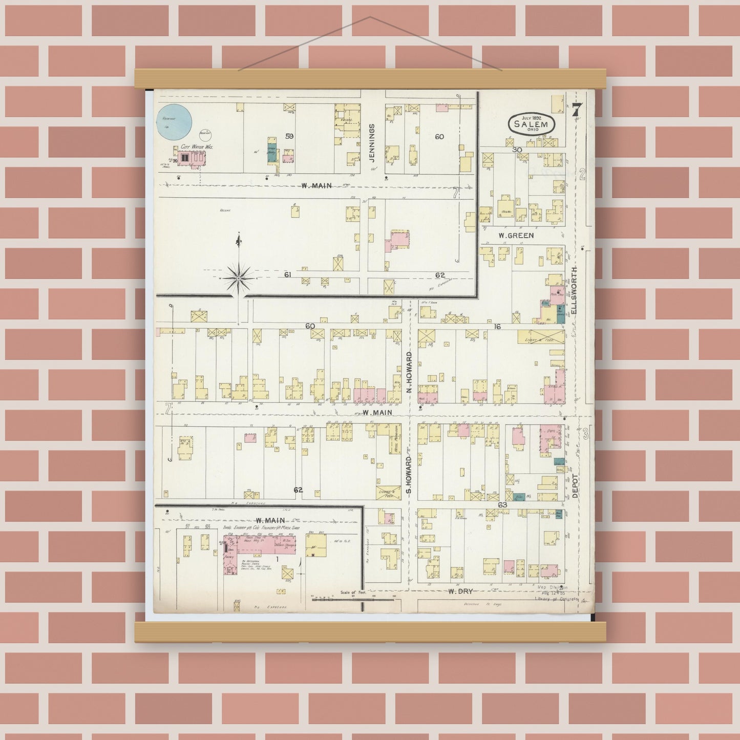 Old map wall art mockup — magnetic wood frame on brick wall — Sanborn Fire Insurance Map from Salem, Columbiana County, Ohio (1892), Sheet #0007