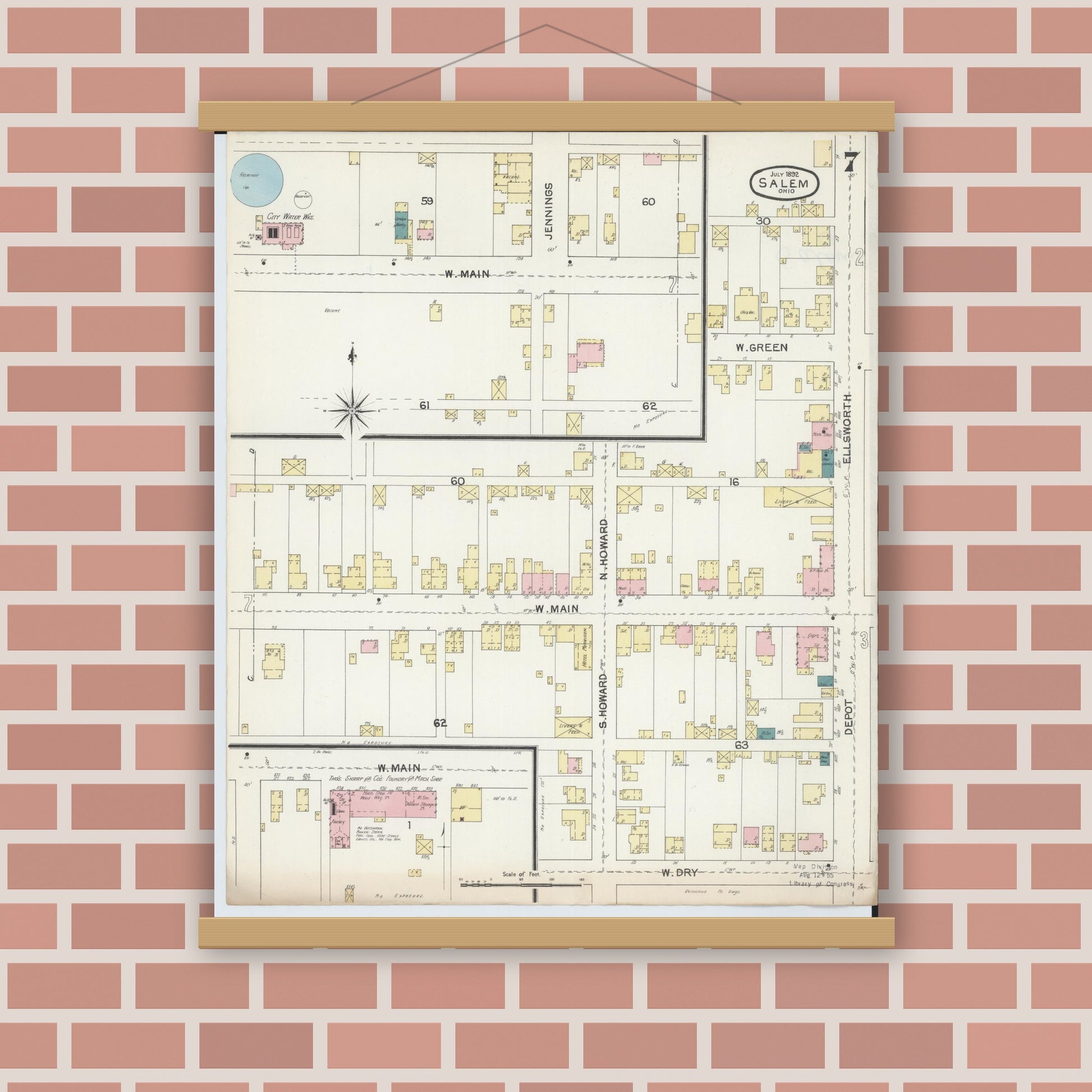 Old map wall art mockup — magnetic wood frame on brick wall — Sanborn Fire Insurance Map from Salem, Columbiana County, Ohio (1892), Sheet #0007