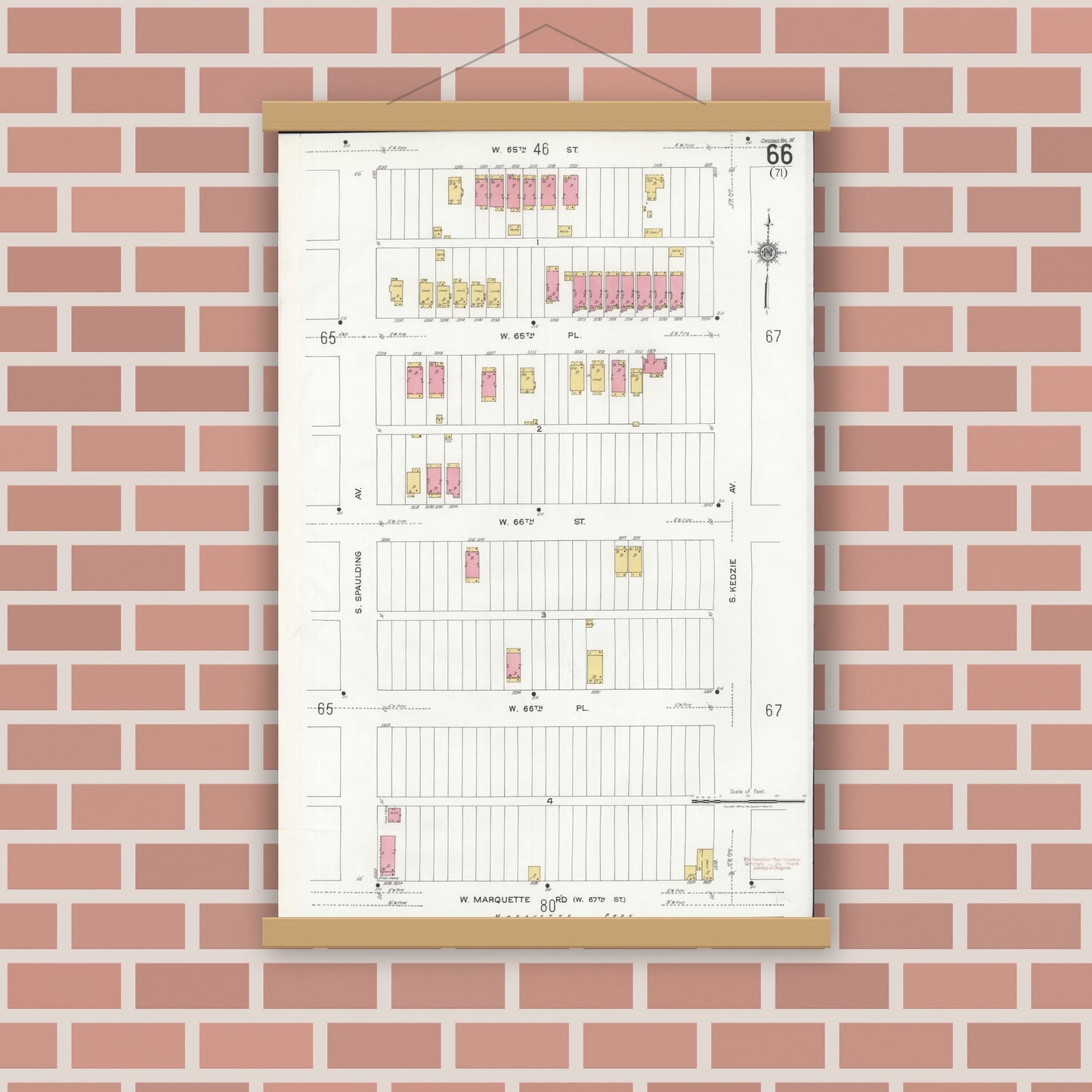 Old map wall art mockup — magnetic wood frame on brick wall — Sanborn Fire Insurance Map from Chicago, Cook County, Illinois (1920), Sheet #0066