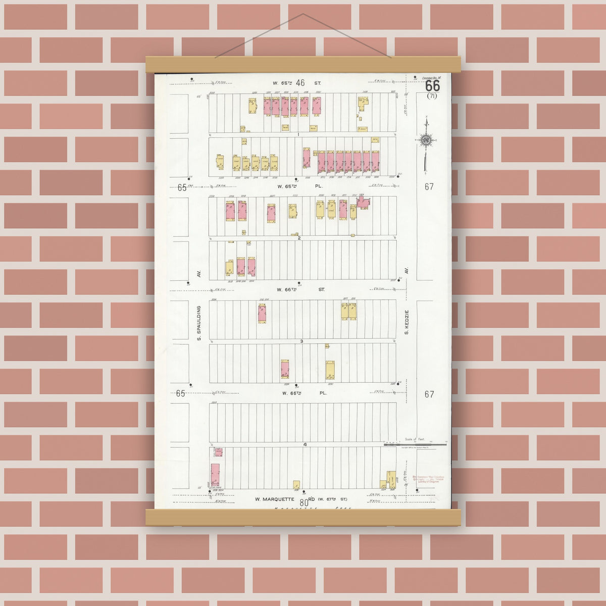 Old map wall art mockup — magnetic wood frame on brick wall — Sanborn Fire Insurance Map from Chicago, Cook County, Illinois (1920), Sheet #0066