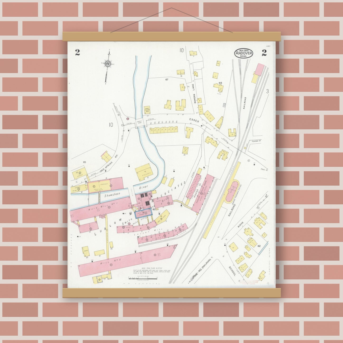 Old map wall art mockup — magnetic wood frame on brick wall — Sanborn Fire Insurance Map from Andover, Essex County, Massachusetts (1930), Sheet #0002