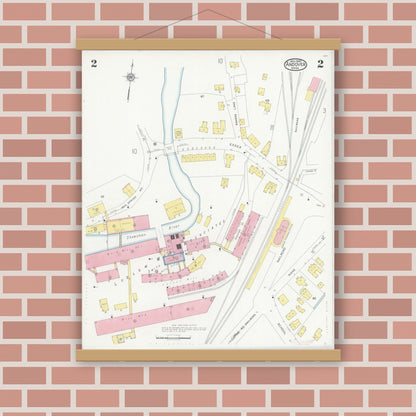 Old map wall art mockup — magnetic wood frame on brick wall — Sanborn Fire Insurance Map from Andover, Essex County, Massachusetts (1930), Sheet #0002