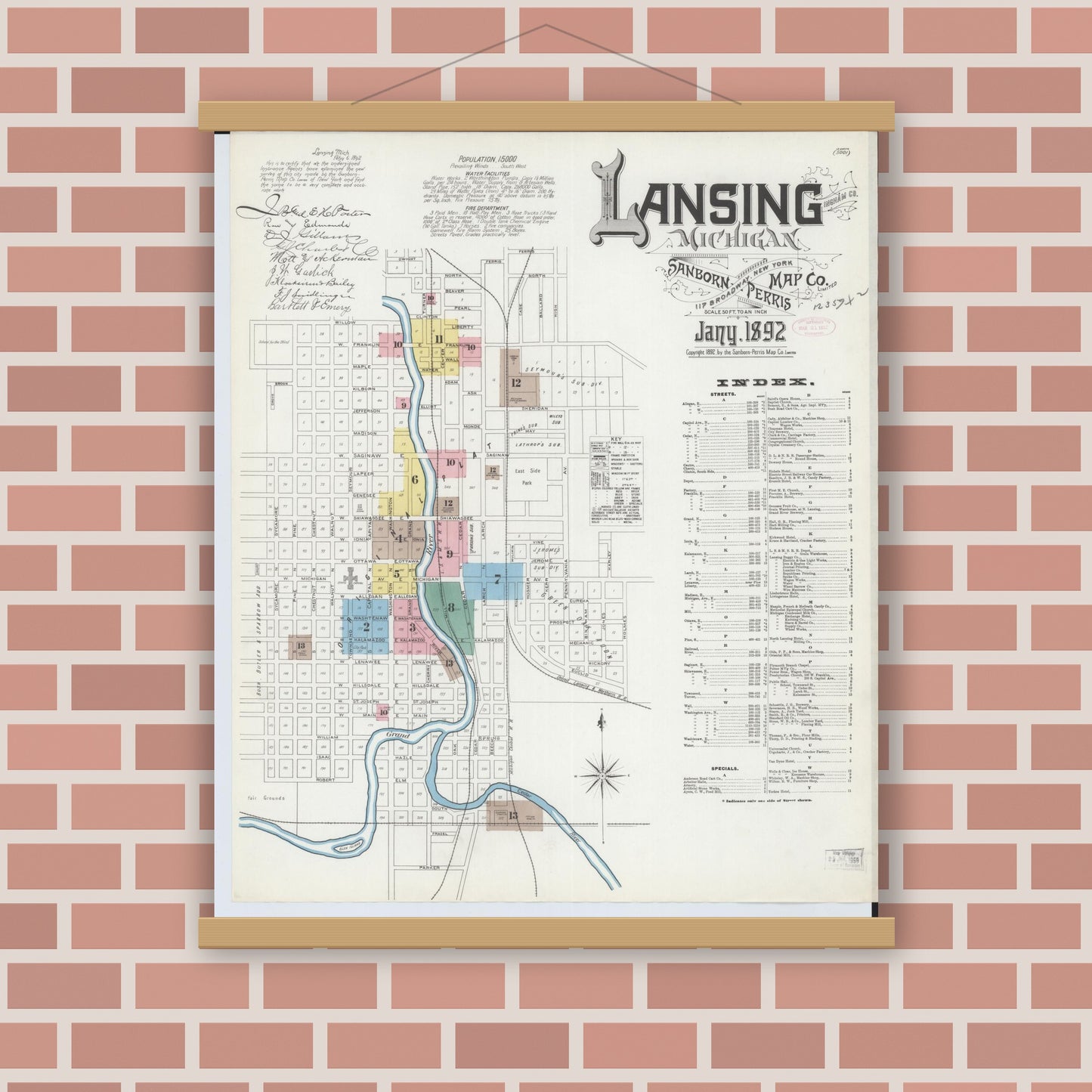 Old map wall art mockup — magnetic wood frame on brick wall — Sanborn Fire Insurance Map from Lansing, Ingham County, Michigan (1892) - Complete Map Set