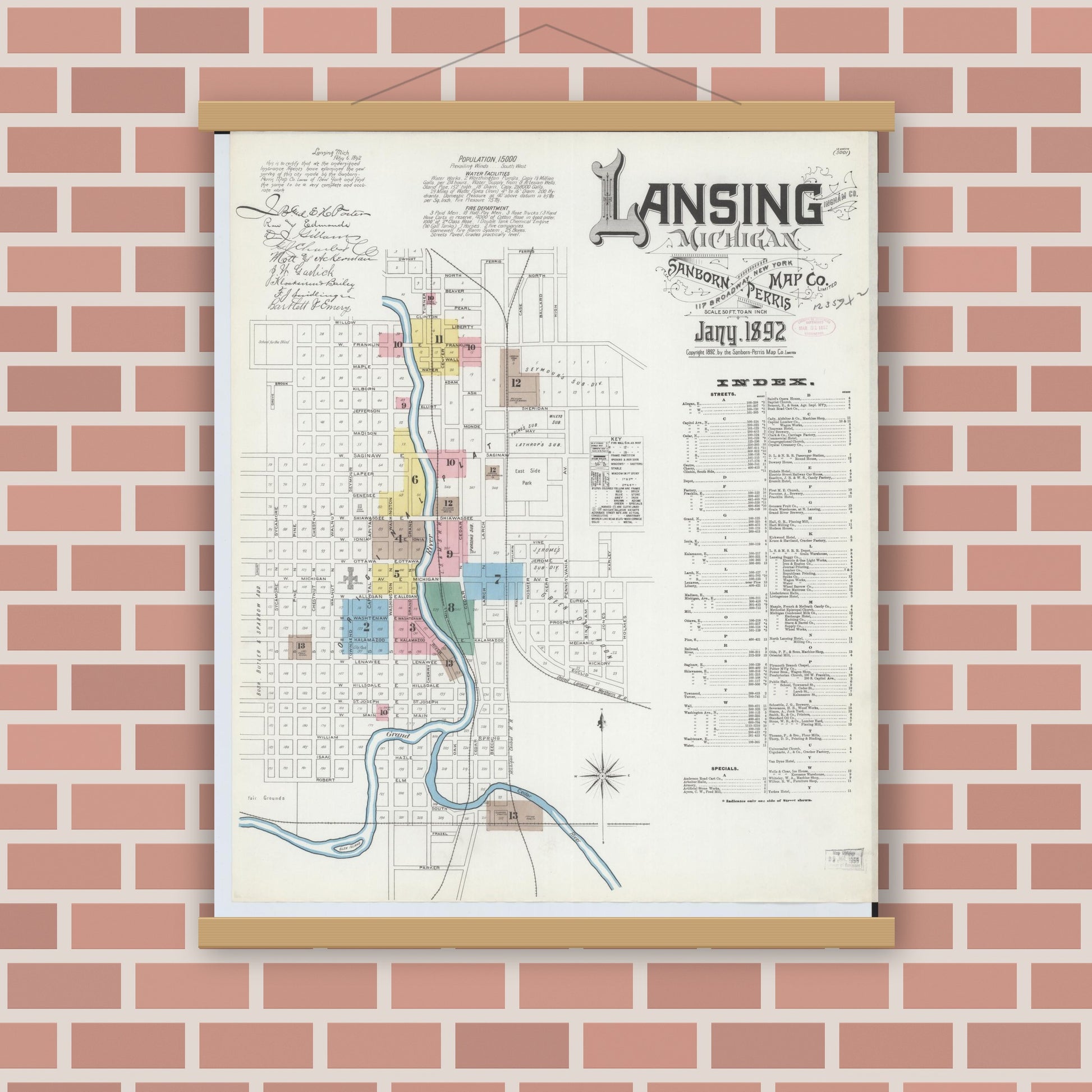 Old map wall art mockup — magnetic wood frame on brick wall — Sanborn Fire Insurance Map from Lansing, Ingham County, Michigan (1892) - Complete Map Set