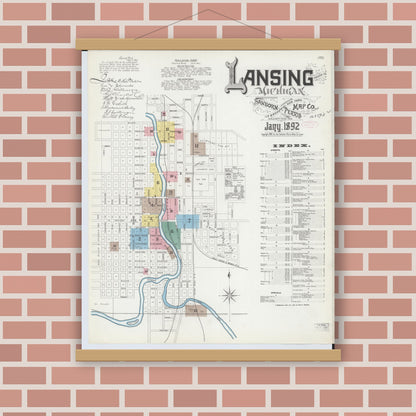Old map wall art mockup — magnetic wood frame on brick wall — Sanborn Fire Insurance Map from Lansing, Ingham County, Michigan (1892) - Complete Map Set