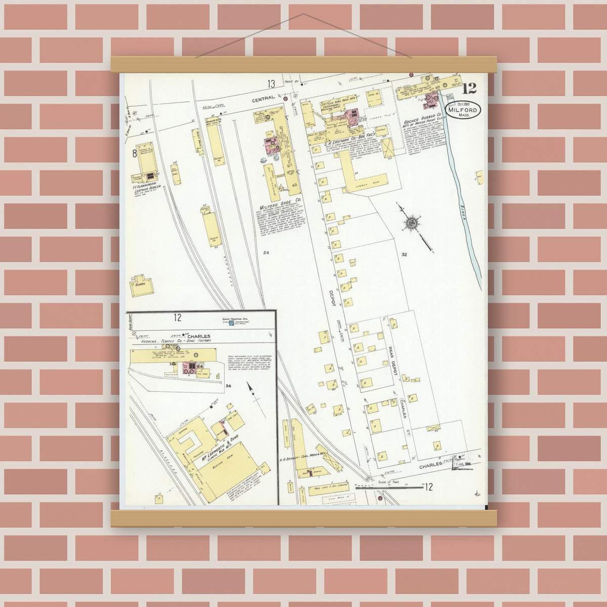 Old map wall art mockup — magnetic wood frame on brick wall — Sanborn Fire Insurance Map from Milford, Worcester County, Massachusetts (1910), Sheet #0012