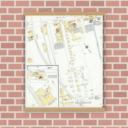 Old map wall art mockup — magnetic wood frame on brick wall — Sanborn Fire Insurance Map from Milford, Worcester County, Massachusetts (1910), Sheet #0012
